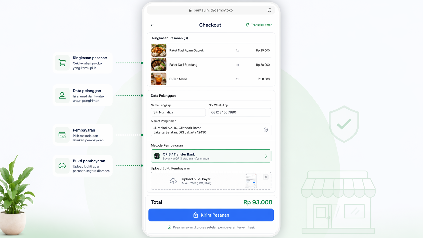 Preview: checkout + pembayaran (QRIS/transfer)