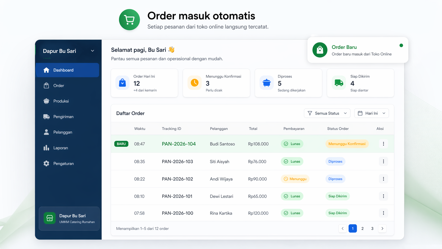 Preview: daftar order masuk di dashboard